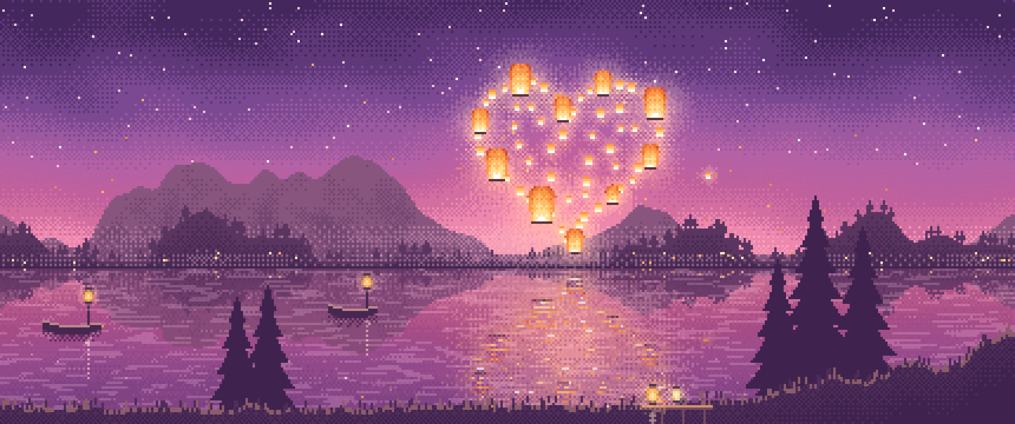Pink Pixel Art Heart of Sky Lanterns Over a Lake ultrawide wallpaper, 3440 × 1440