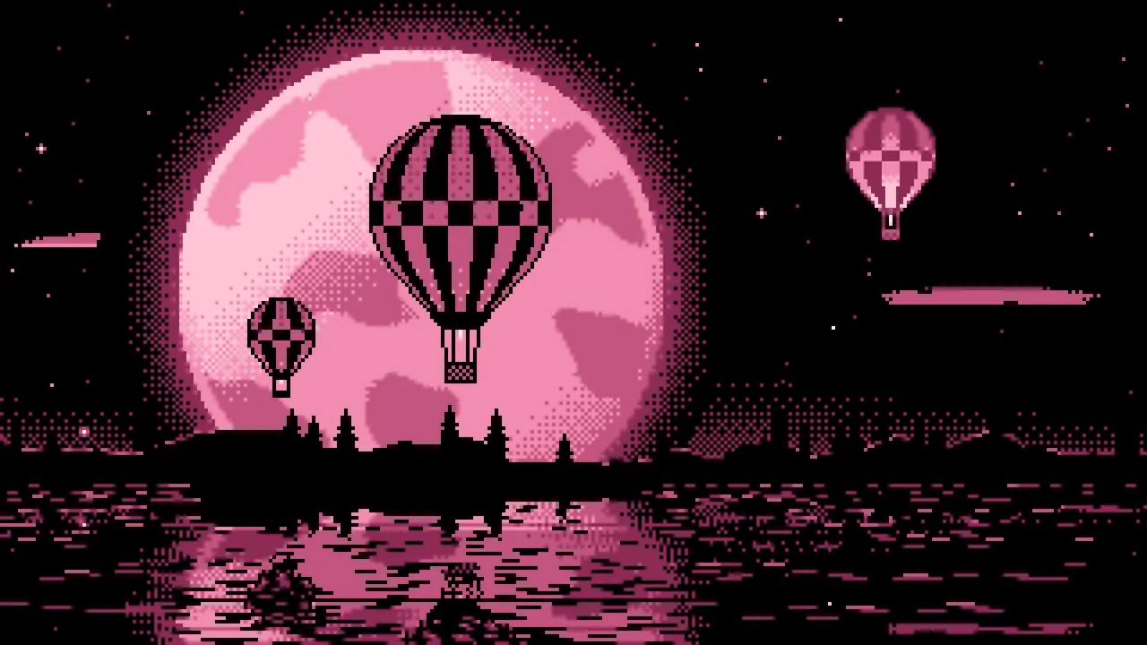 Pink Pixel Art Hot Air Balloons and Full Moon desktop wallpaper in 4K