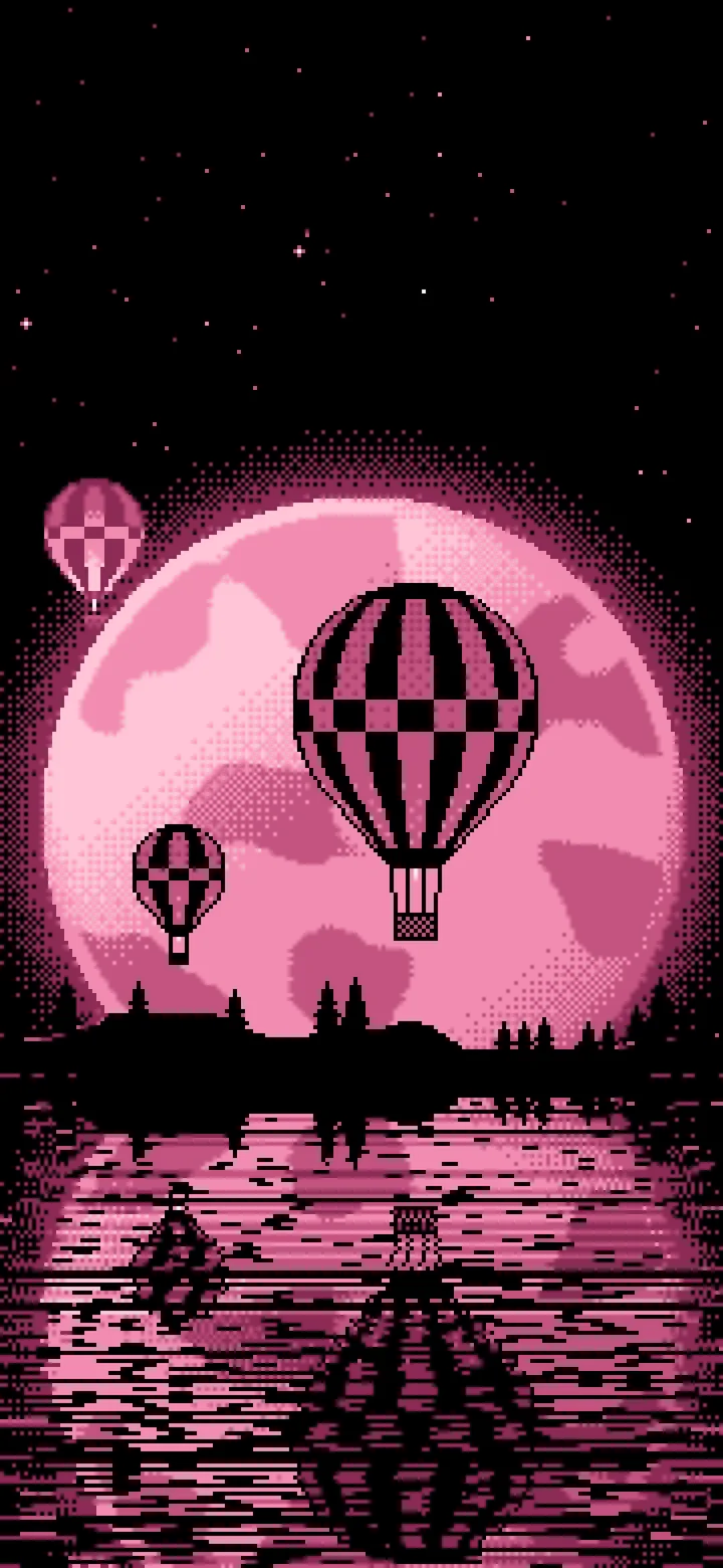 Pink Pixel Art Hot Air Balloons and Full Moon wallpaper for iPhone and Android