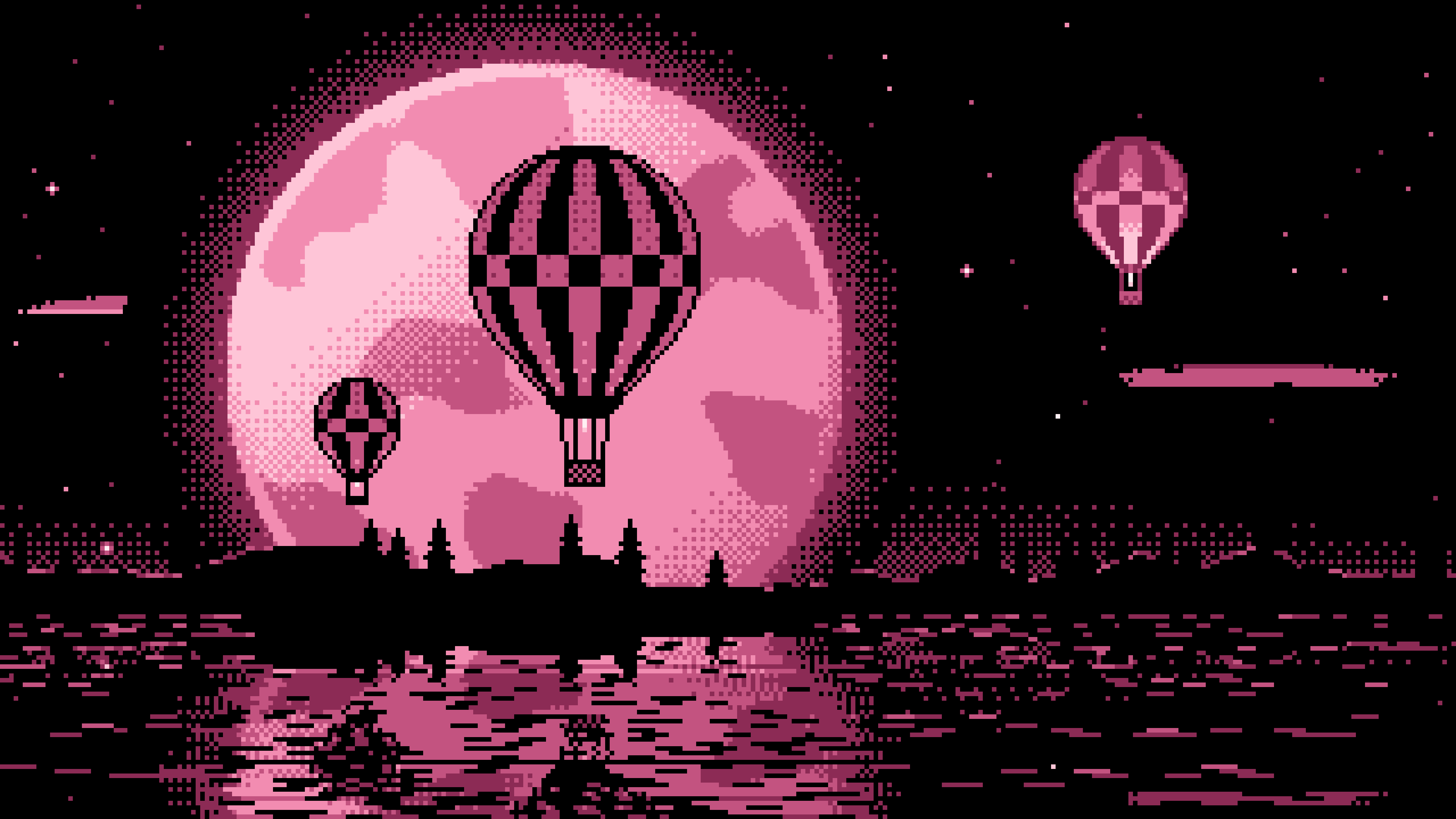 Pink Pixel Art Hot Air Balloons and Full Moon desktop wallpaper in 4K