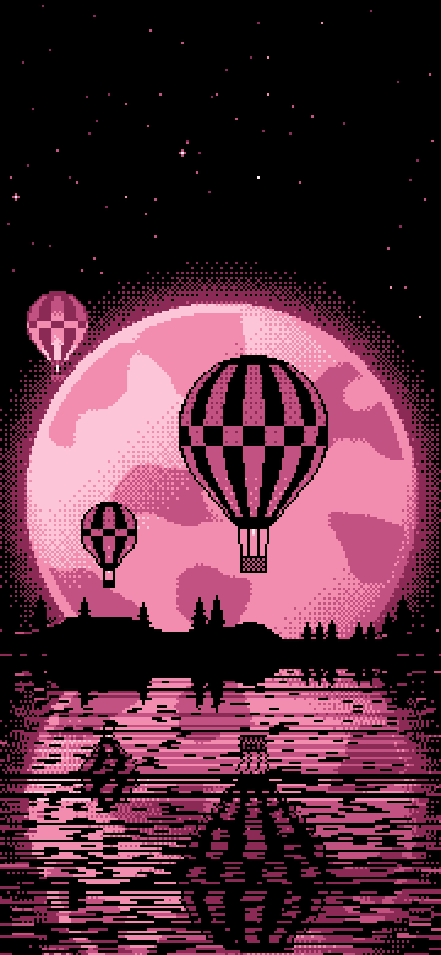 Pink Pixel Art Hot Air Balloons and Full Moon wallpaper for iPhone and Android