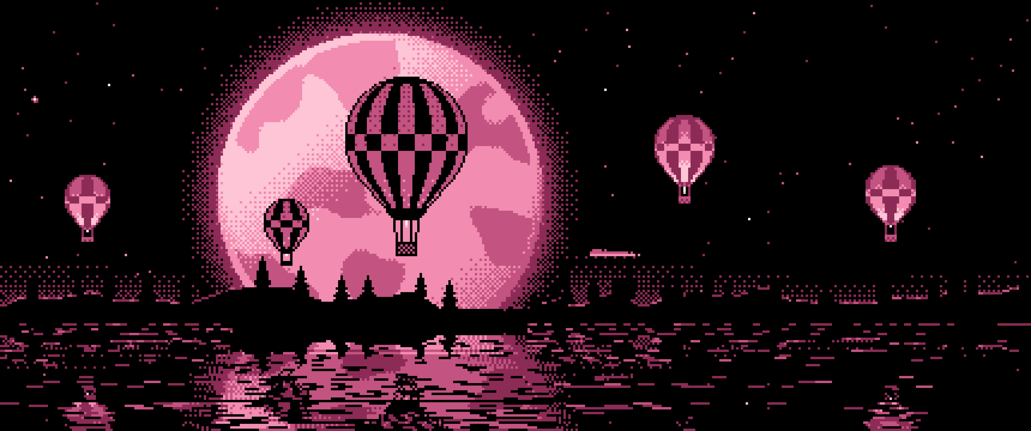 Pink Pixel Art Hot Air Balloons and Full Moon ultrawide wallpaper, 3440 × 1440