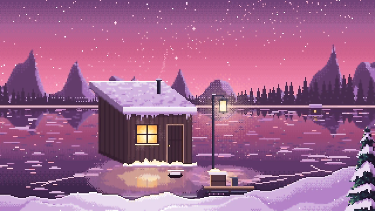 Pink Pixel Art Ice Fishing Hut on a Frozen Lake desktop wallpaper in 4K