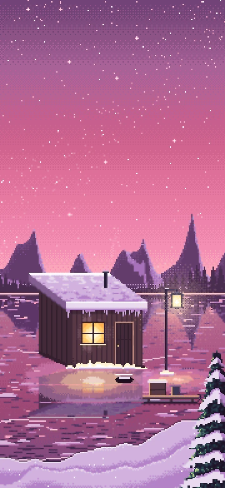 Pink Pixel Art Ice Fishing Hut on a Frozen Lake wallpaper for iPhone and Android