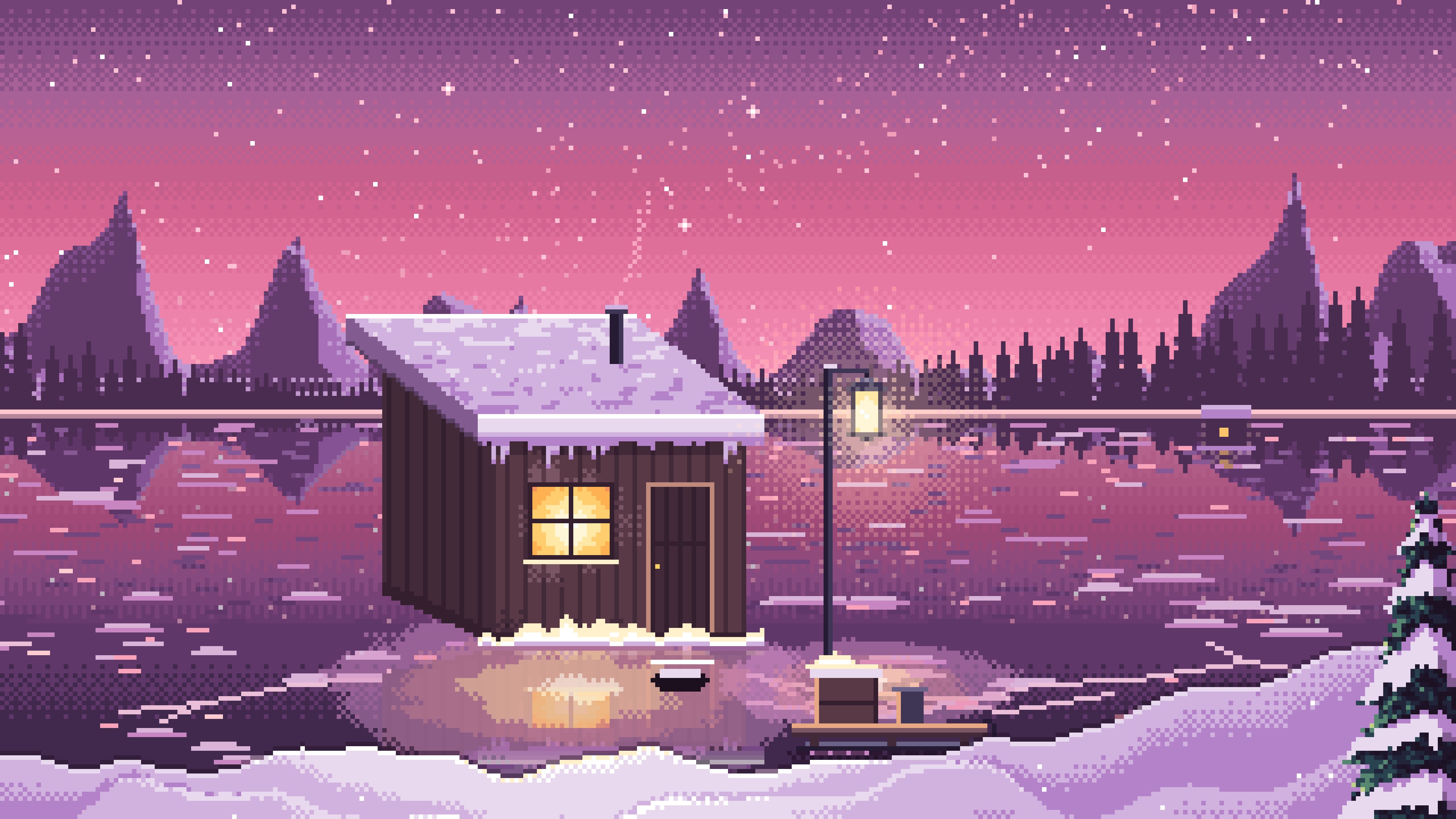 Pink Pixel Art Ice Fishing Hut on a Frozen Lake desktop wallpaper in 4K