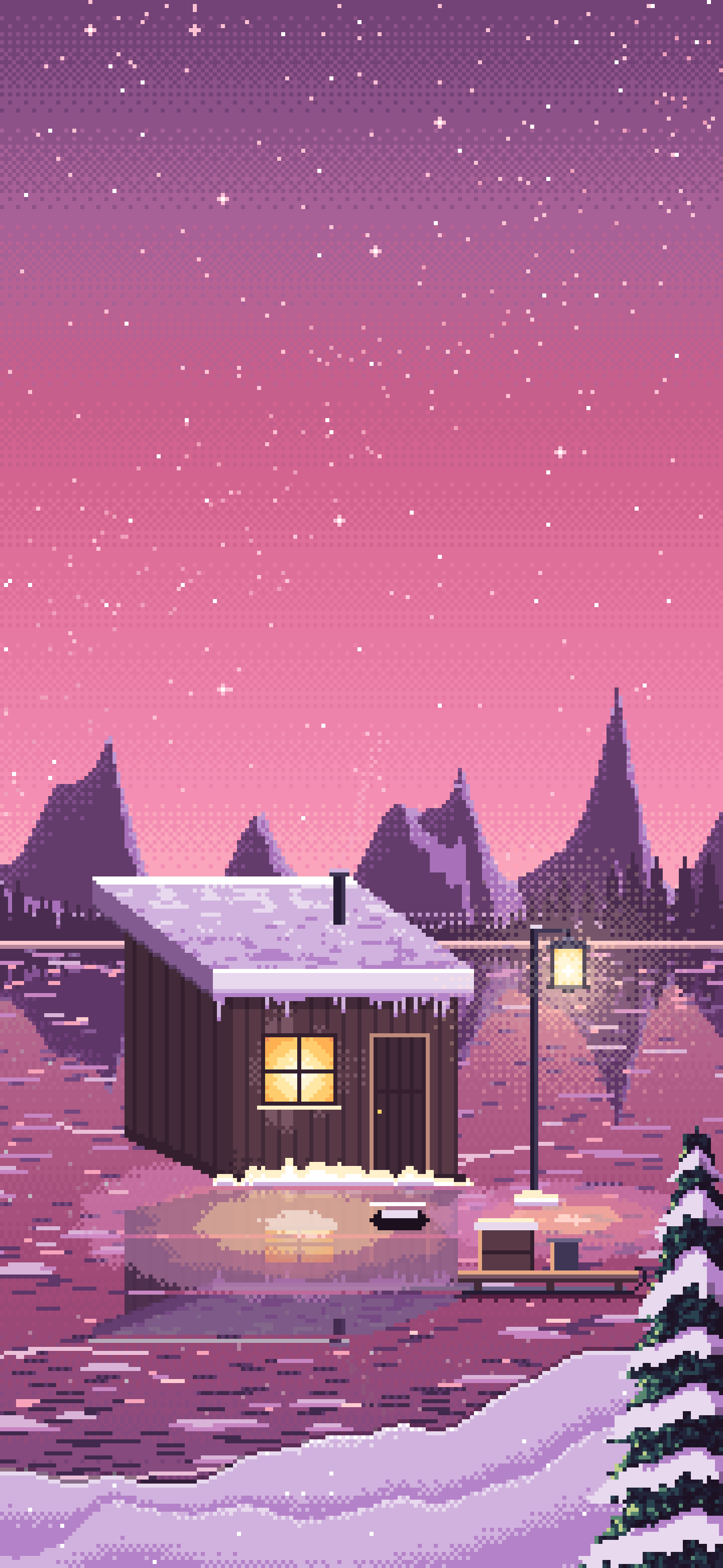 Pink Pixel Art Ice Fishing Hut on a Frozen Lake wallpaper for iPhone and Android