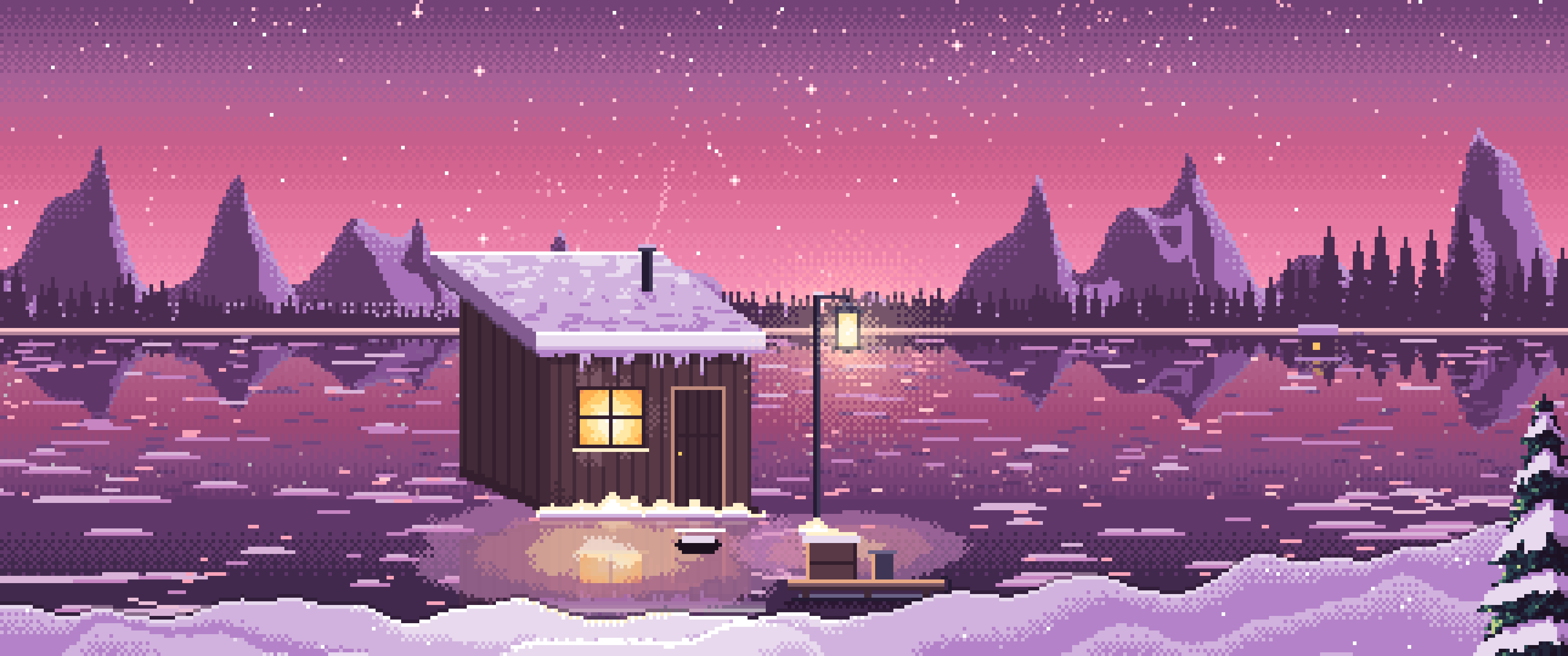Pink Pixel Art Ice Fishing Hut on a Frozen Lake ultrawide wallpaper, 3440 × 1440