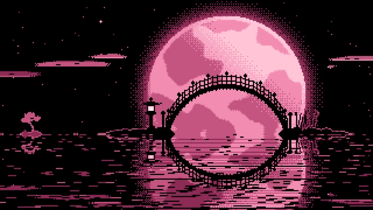 Pink Pixel Art Japanese Bridge and Full Moon desktop wallpaper in 4K