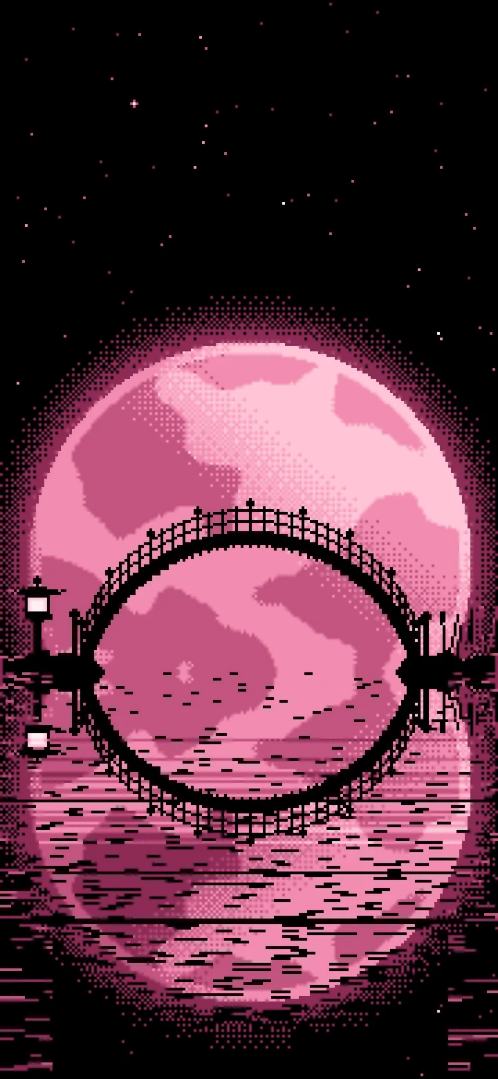 Pink Pixel Art Japanese Bridge and Full Moon wallpaper for iPhone and Android