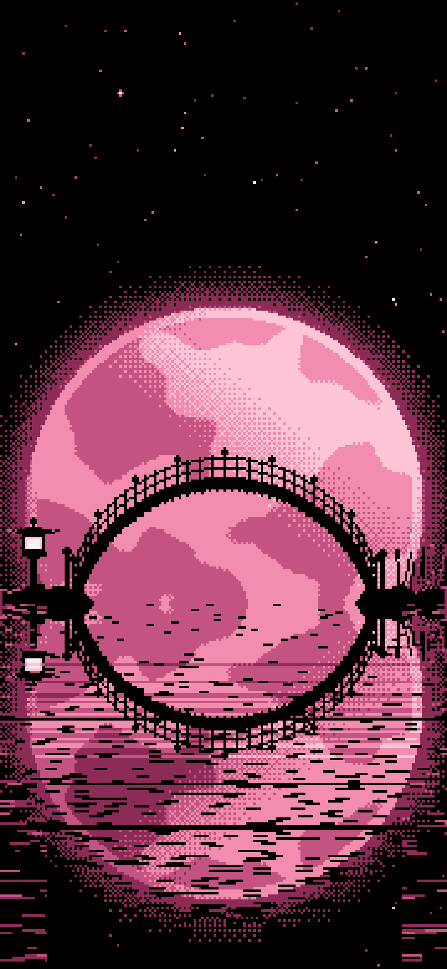 Pink Pixel Art Japanese Bridge and Full Moon wallpaper for iPhone and Android