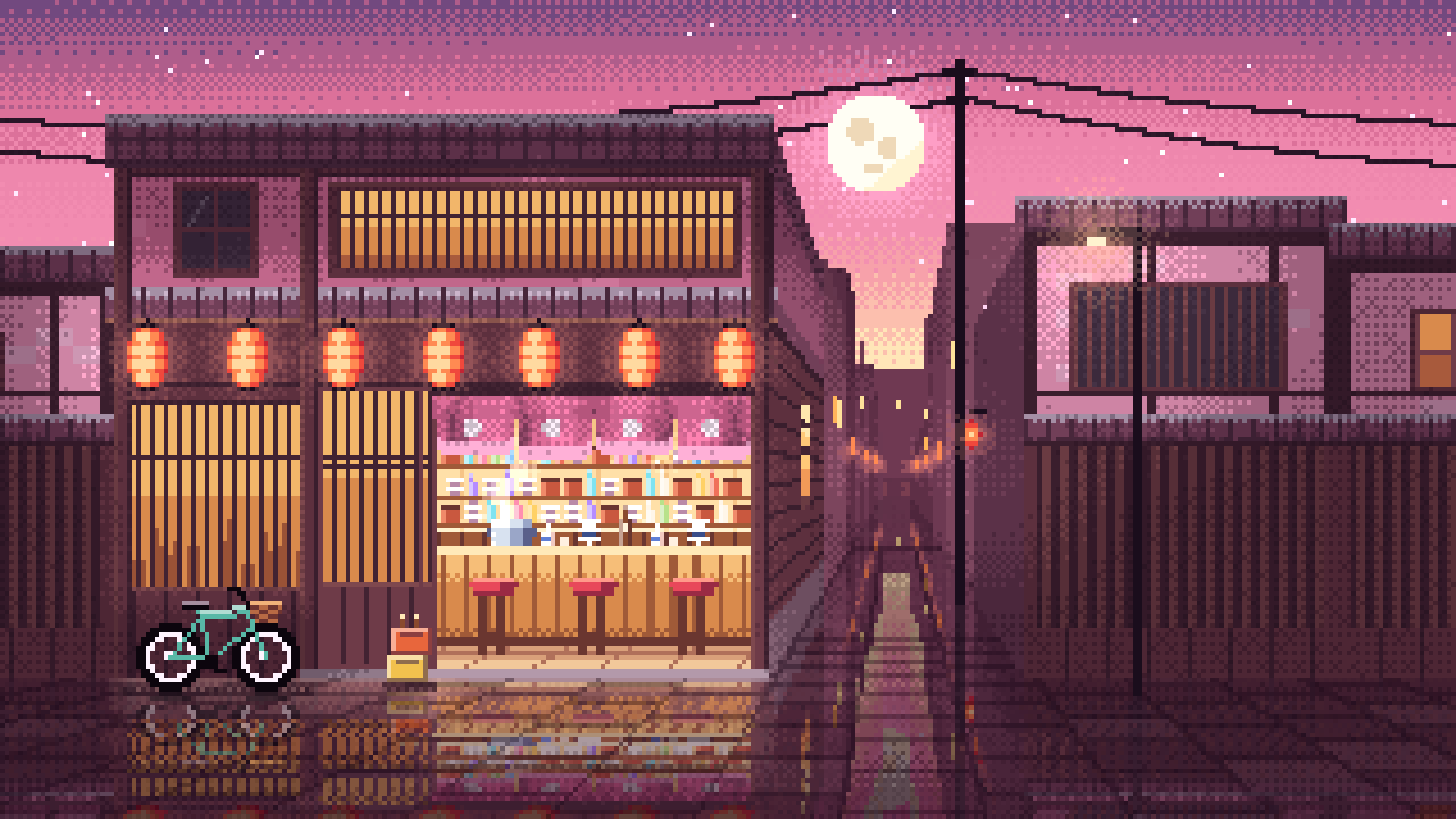 Pink Pixel Art Japanese Izakaya desktop wallpaper in 4K