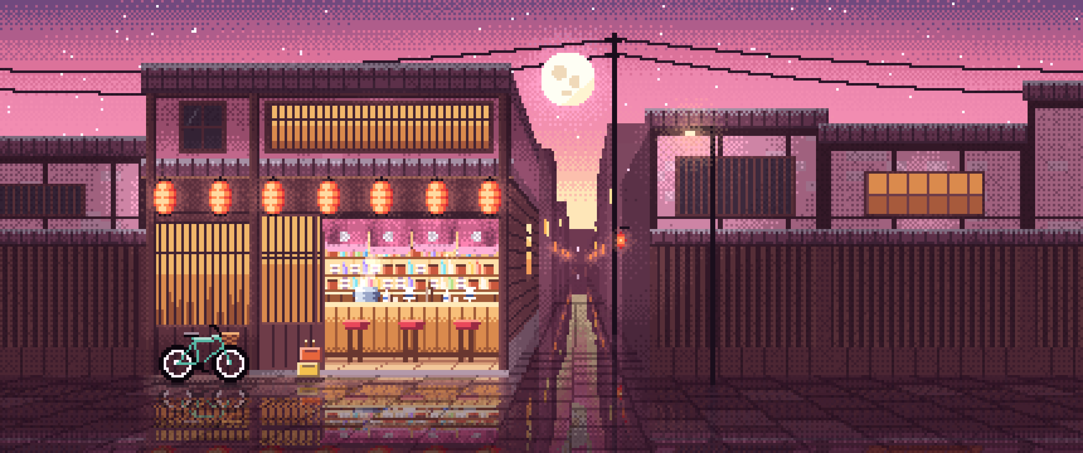 Pink Pixel Art Japanese Izakaya ultrawide wallpaper, 3440 × 1440