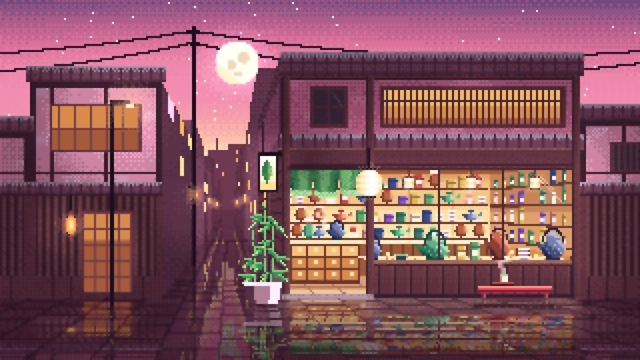 Pink Pixel Art Japanese Tea Shop desktop wallpaper in 4K