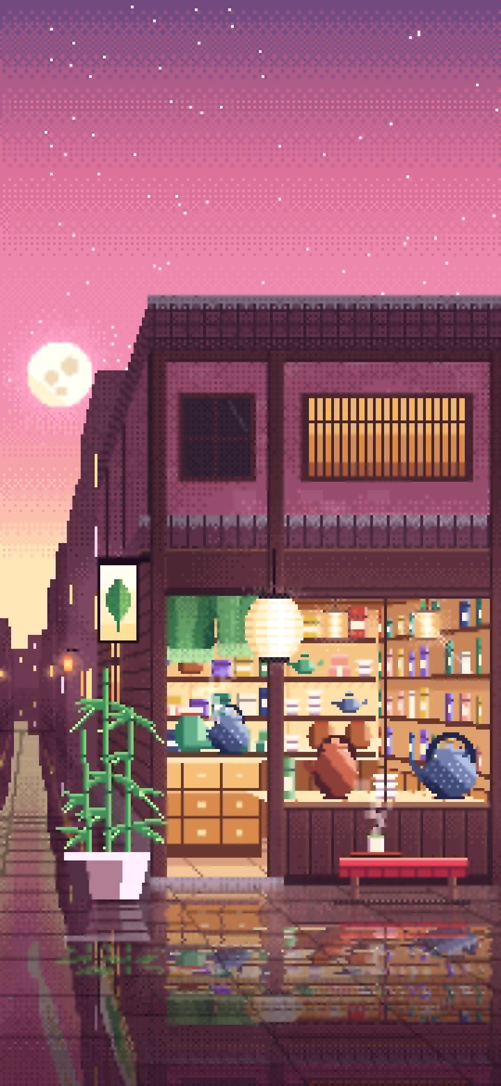 Pink Pixel Art Japanese Tea Shop wallpaper for iPhone and Android