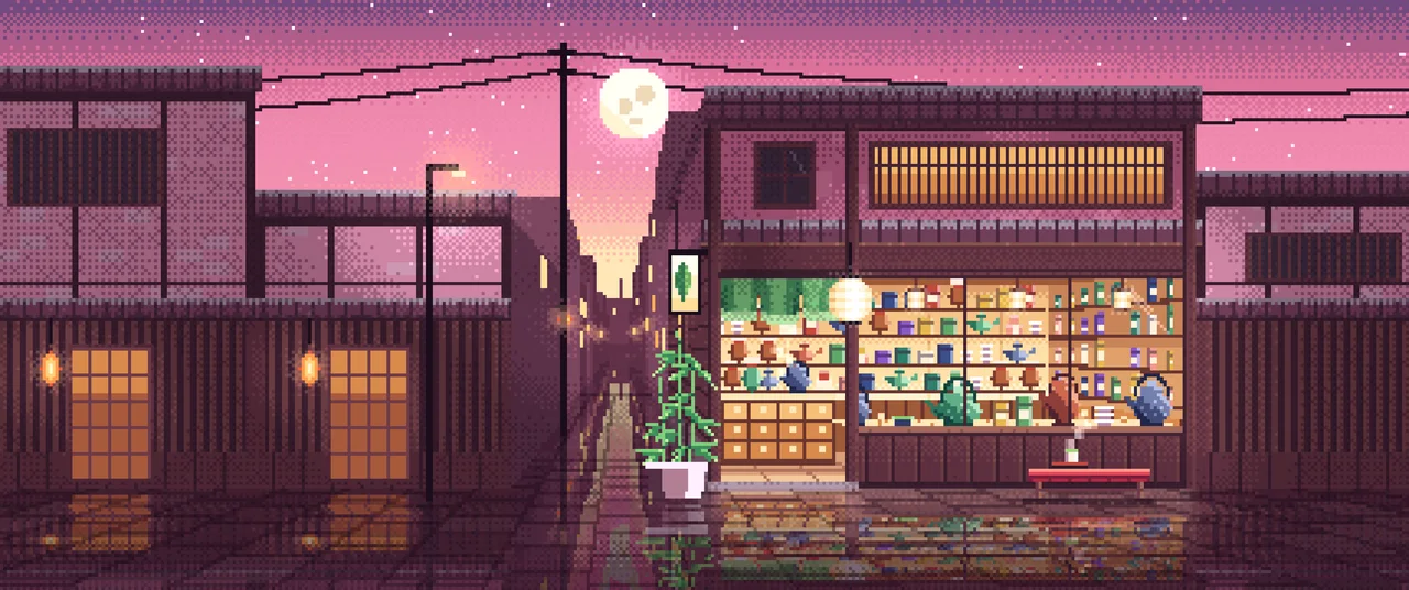 Pink Pixel Art Japanese Tea Shop ultrawide wallpaper, 3440 × 1440