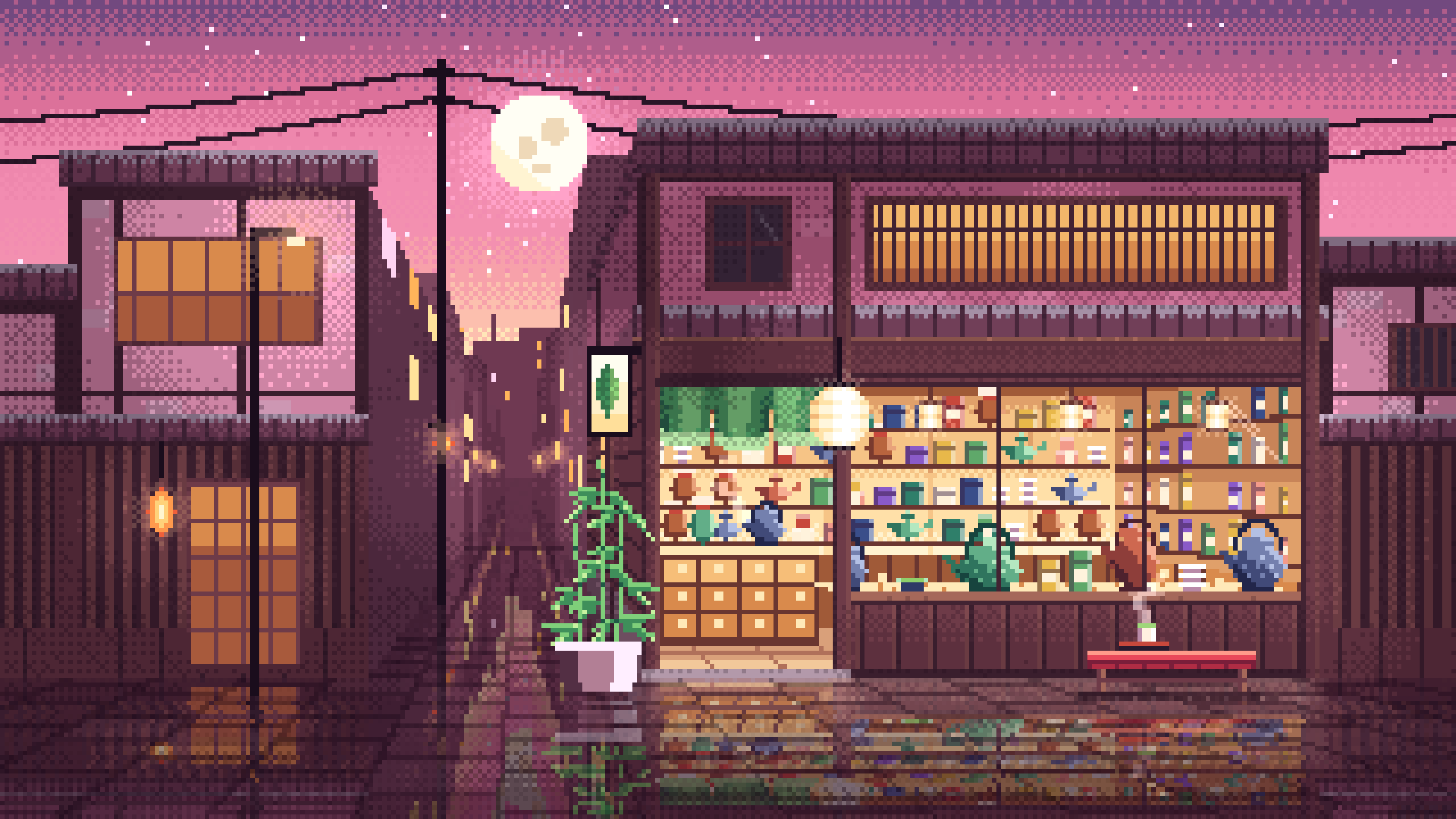Pink Pixel Art Japanese Tea Shop desktop wallpaper in 4K