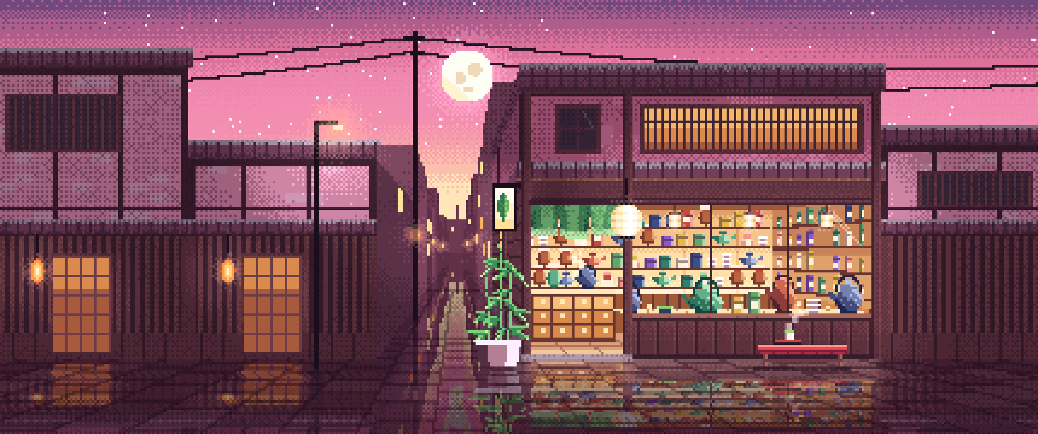 Pink Pixel Art Japanese Tea Shop ultrawide wallpaper, 3440 × 1440