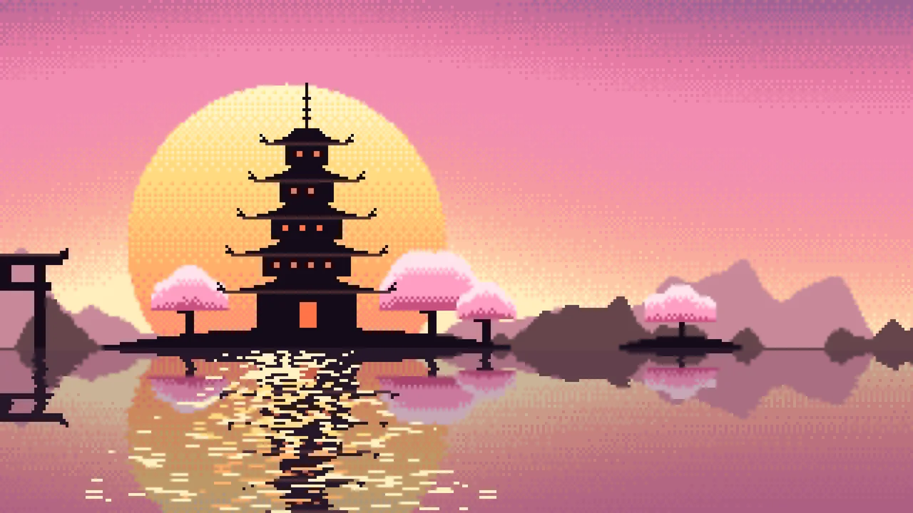 Pink Pixel Art Japanese Temple desktop wallpaper in 4K