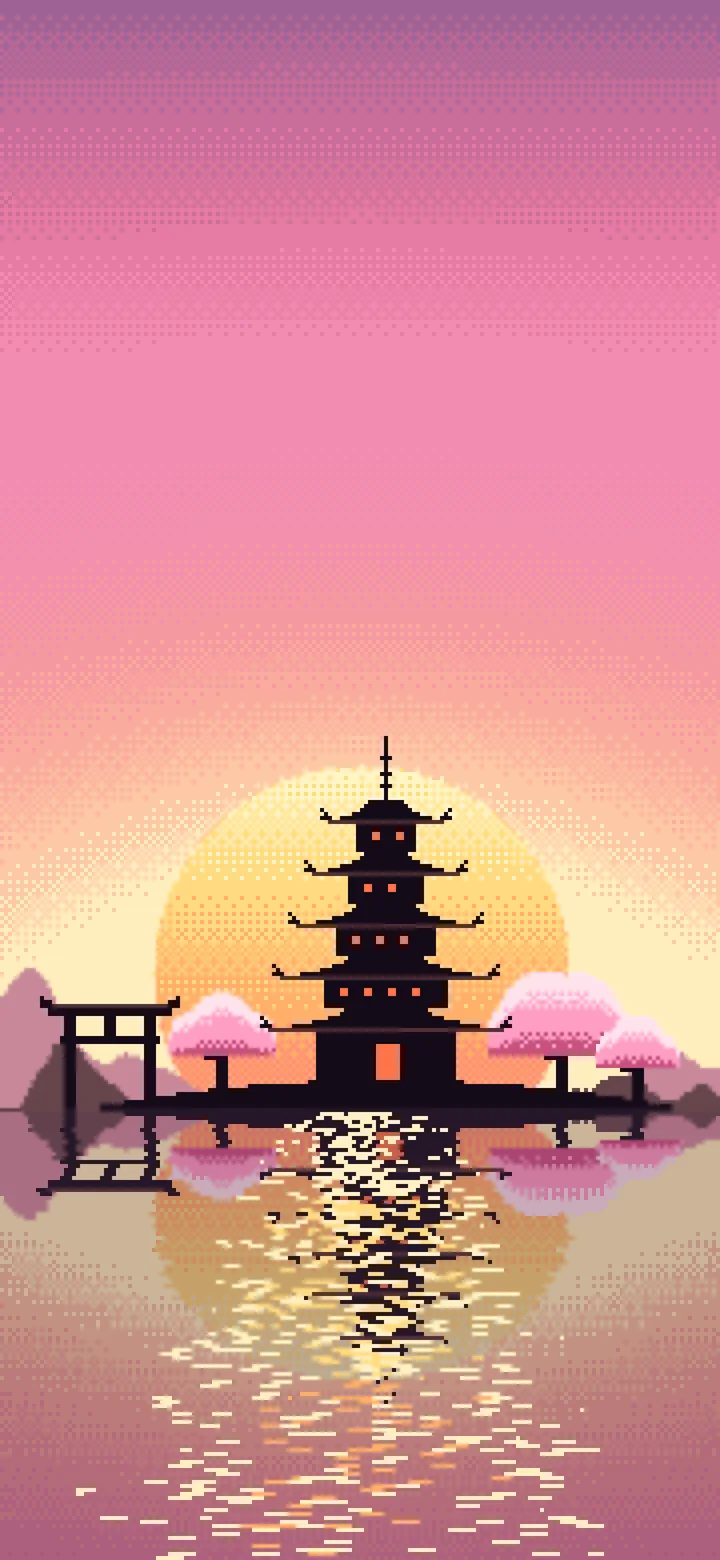 Pink Pixel Art Japanese Temple wallpaper for iPhone and Android