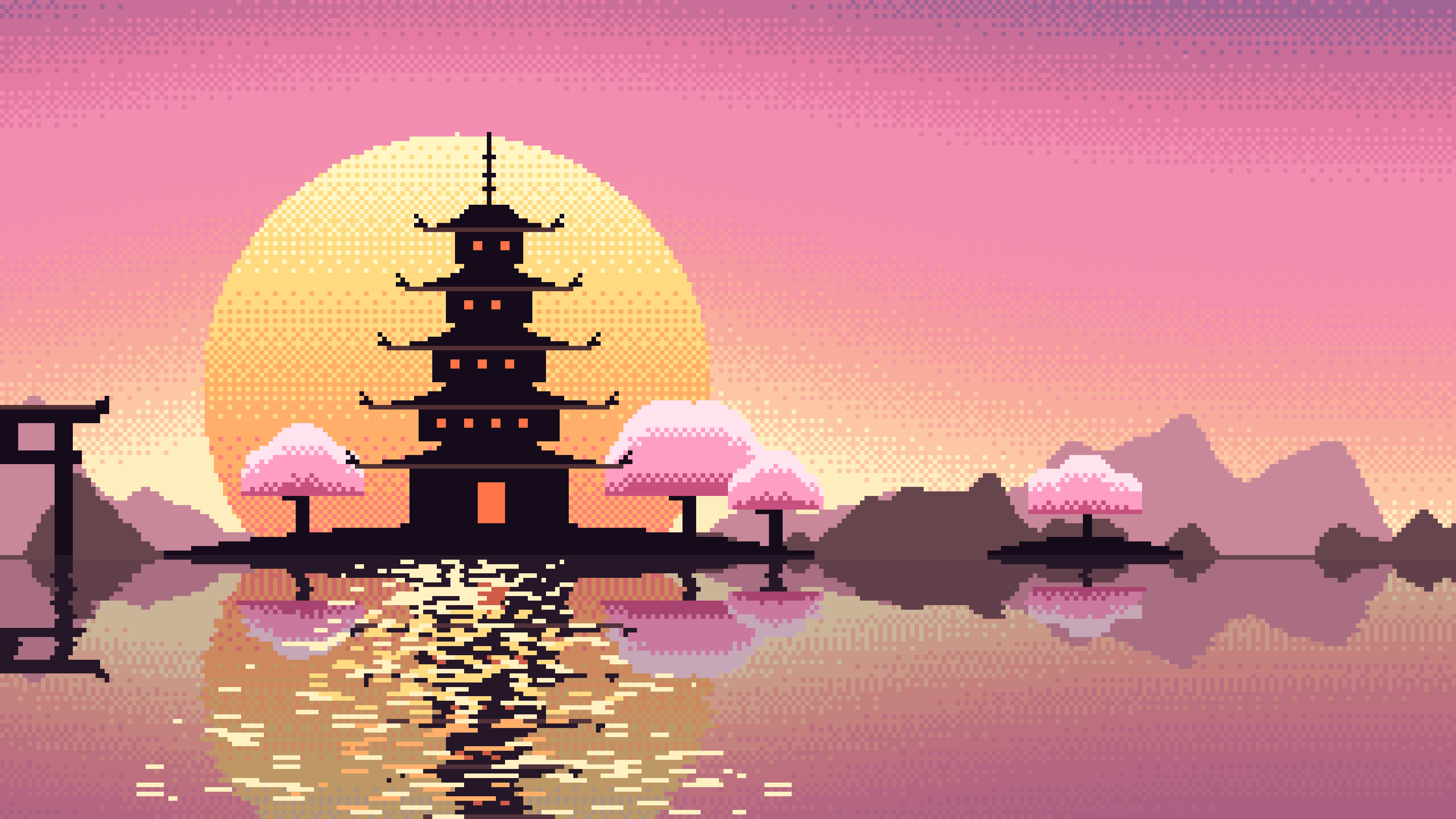 Pink Pixel Art Japanese Temple desktop wallpaper in 4K