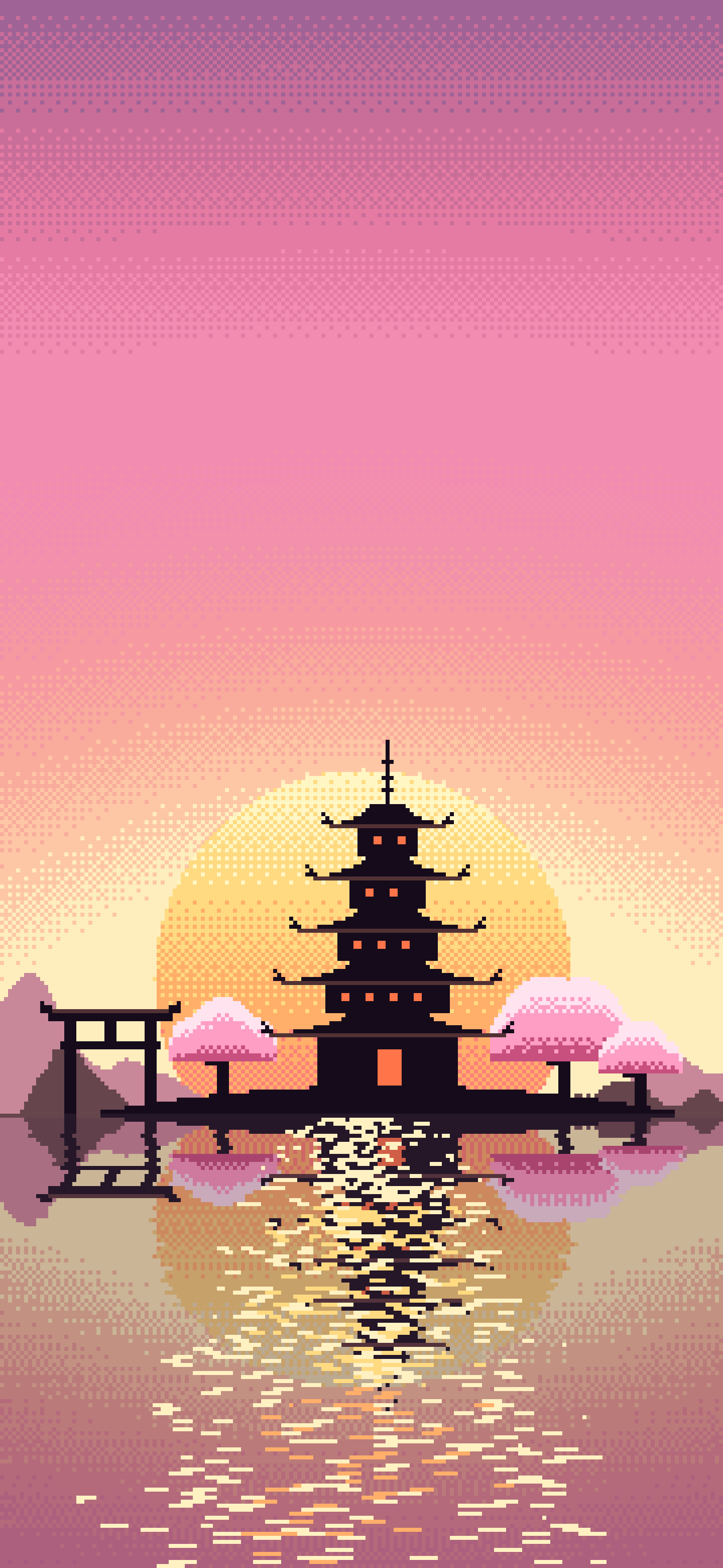 Pink Pixel Art Japanese Temple wallpaper for iPhone and Android