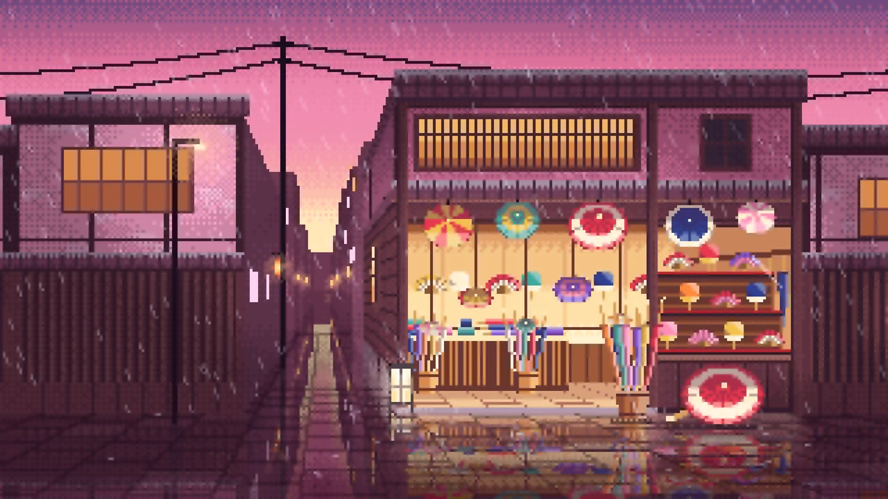 Pink Pixel Art Japanese Umbrella Shop desktop wallpaper in 4K