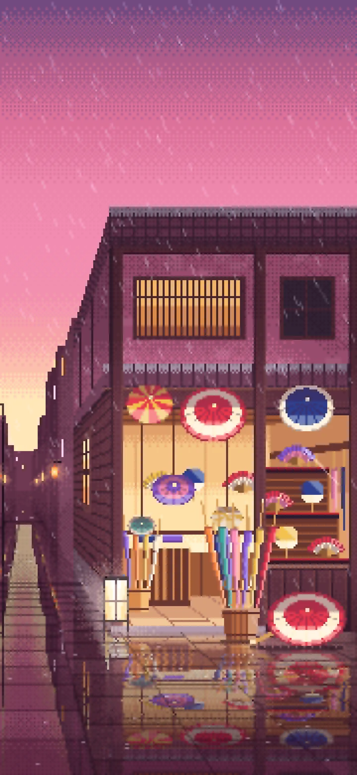 Pink Pixel Art Japanese Umbrella Shop wallpaper for iPhone and Android