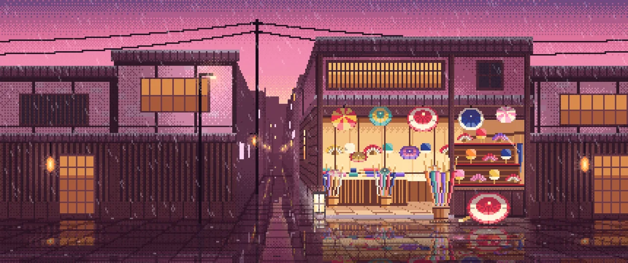 Pink Pixel Art Japanese Umbrella Shop ultrawide wallpaper, 3440 × 1440