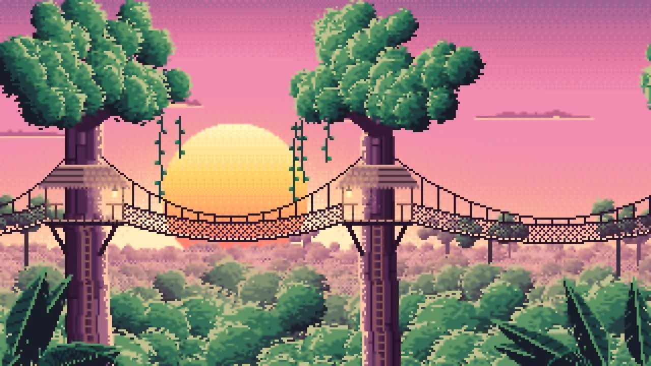 Pink Pixel Art Jungle Canopy Walkway desktop wallpaper in 4K