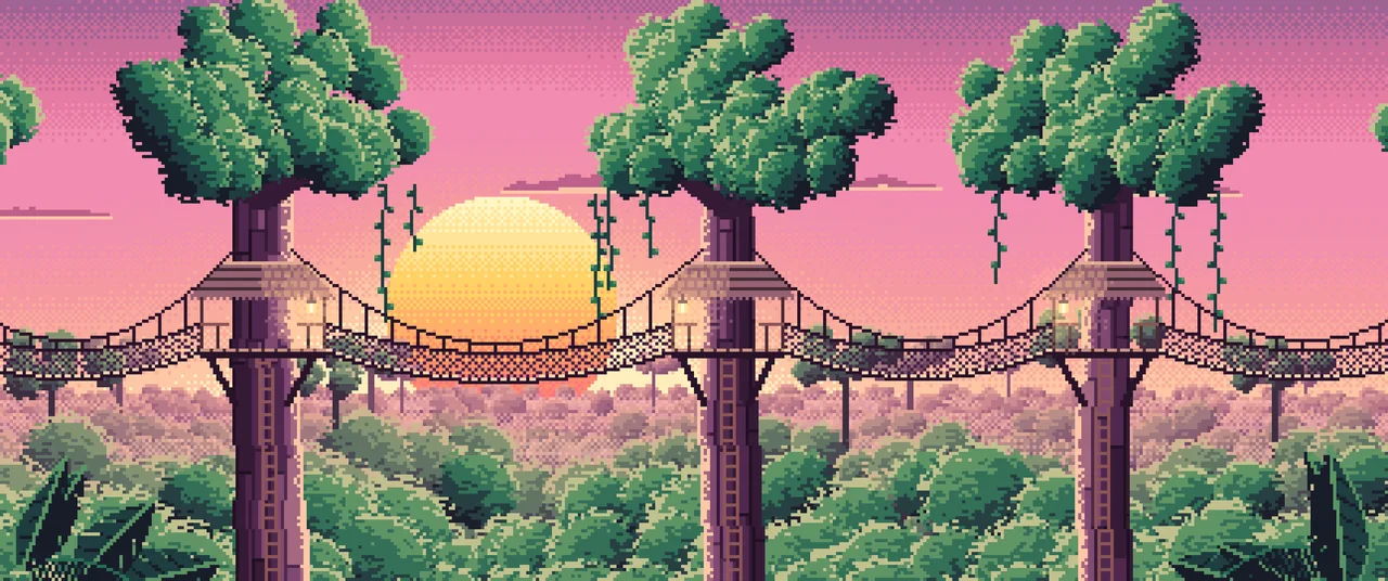 Pink Pixel Art Jungle Canopy Walkway ultrawide wallpaper, 3440 × 1440