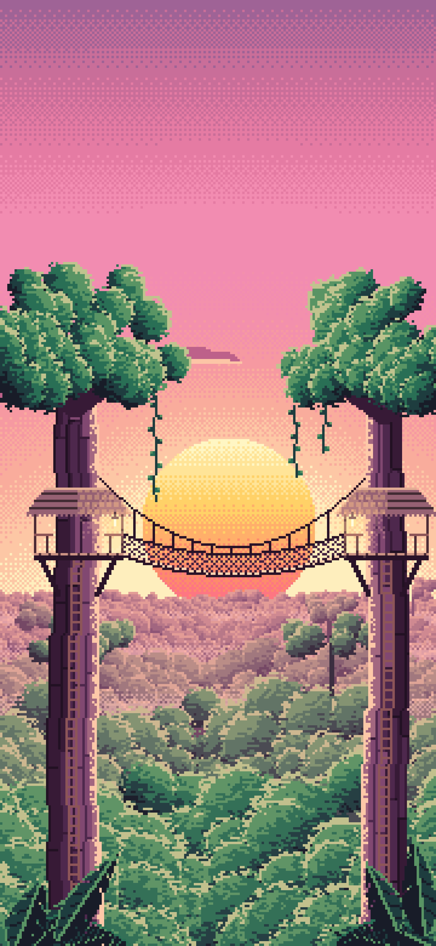 Pink Pixel Art Jungle Canopy Walkway wallpaper for iPhone and Android