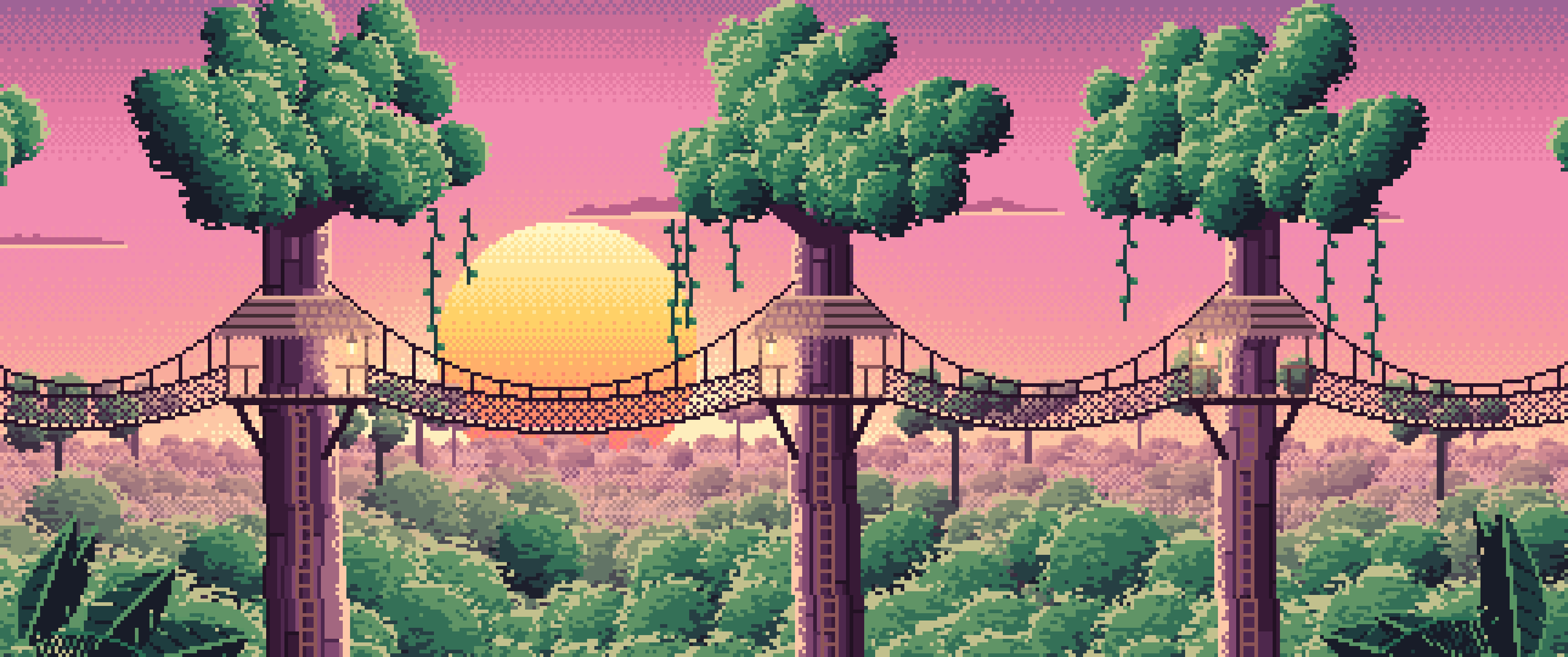 Pink Pixel Art Jungle Canopy Walkway ultrawide wallpaper, 3440 × 1440