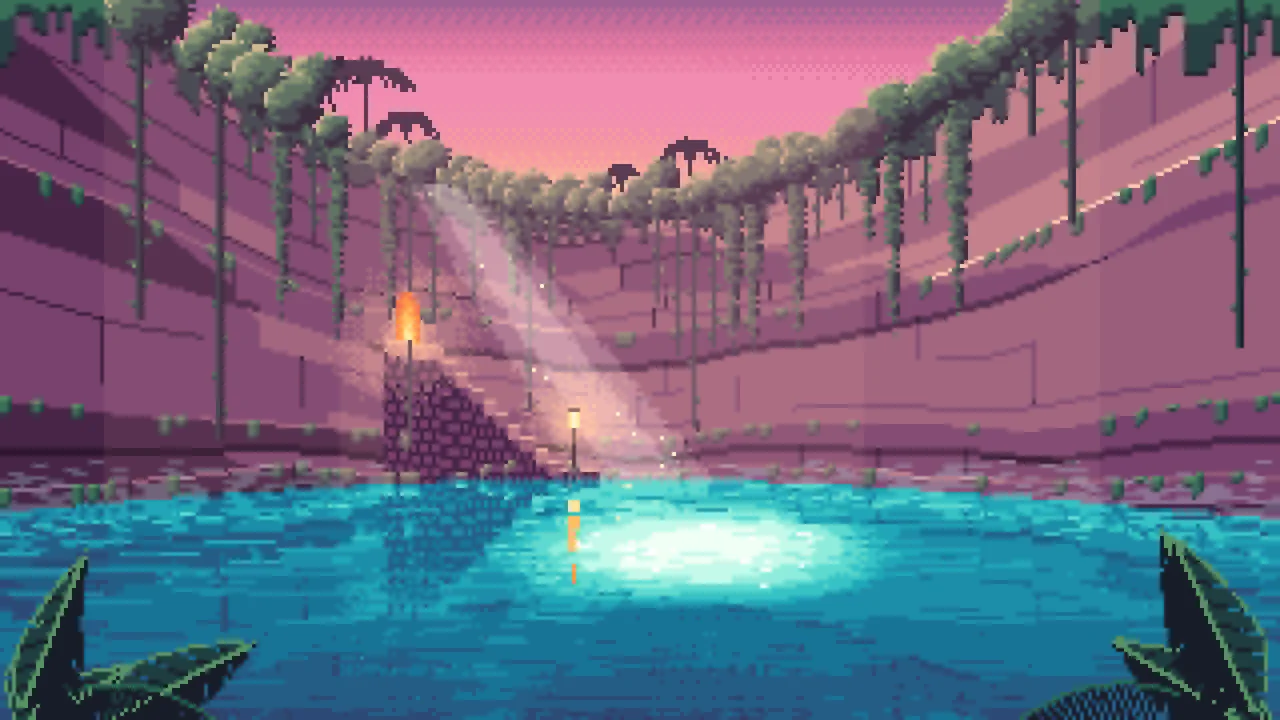 Pink Pixel Art Jungle Cenote desktop wallpaper in 4K