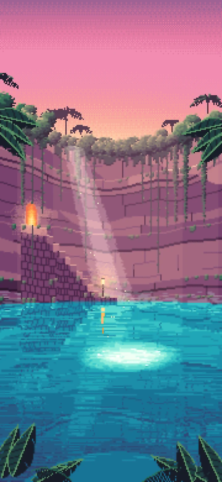 Pink Pixel Art Jungle Cenote wallpaper for iPhone and Android