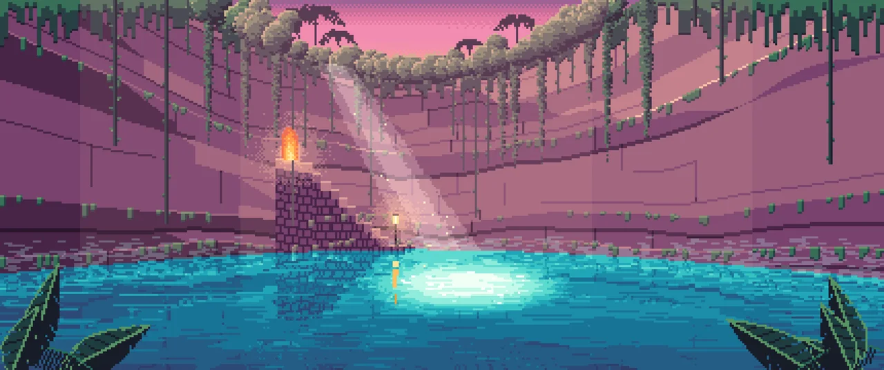 Pink Pixel Art Jungle Cenote ultrawide wallpaper, 3440 × 1440