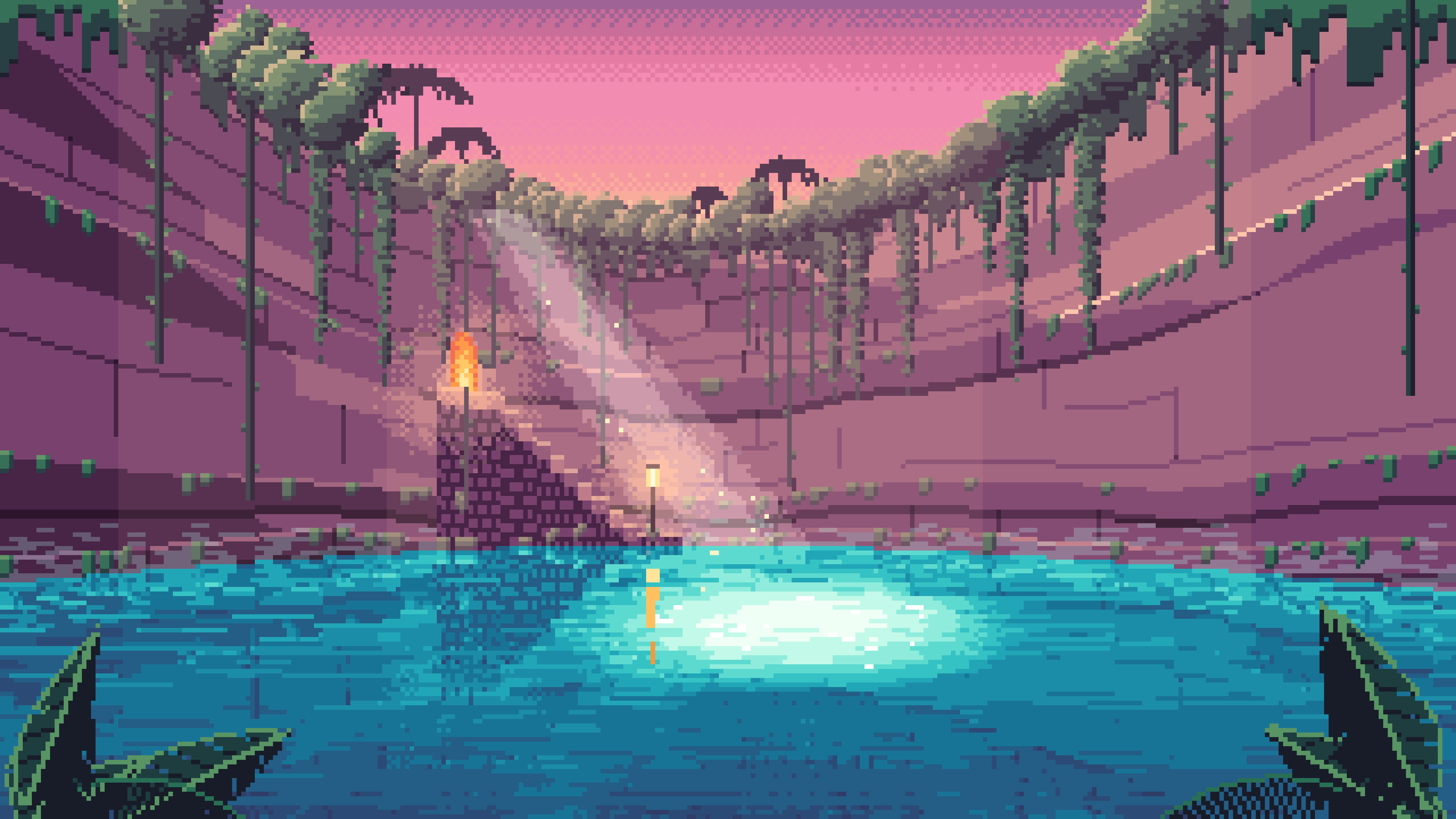 Pink Pixel Art Jungle Cenote desktop wallpaper in 4K
