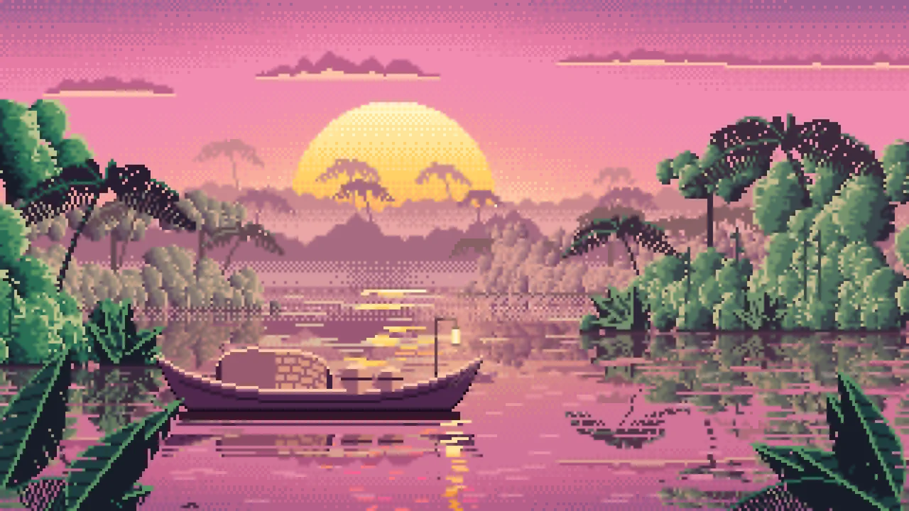 Pink Pixel Art Jungle River and Lantern Boat desktop wallpaper in 4K