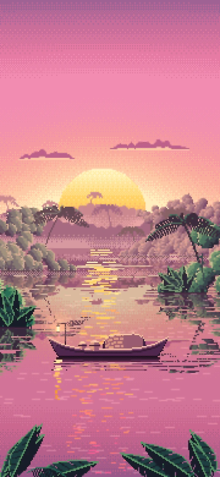 Pink Pixel Art Jungle River and Lantern Boat wallpaper for iPhone and Android
