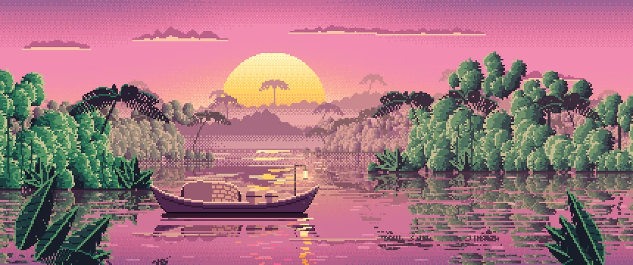 Pink Pixel Art Jungle River and Lantern Boat ultrawide wallpaper, 3440 × 1440