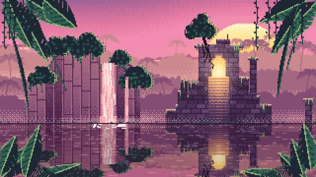 Pink Pixel Art Jungle Temple Ruins desktop wallpaper in 4K
