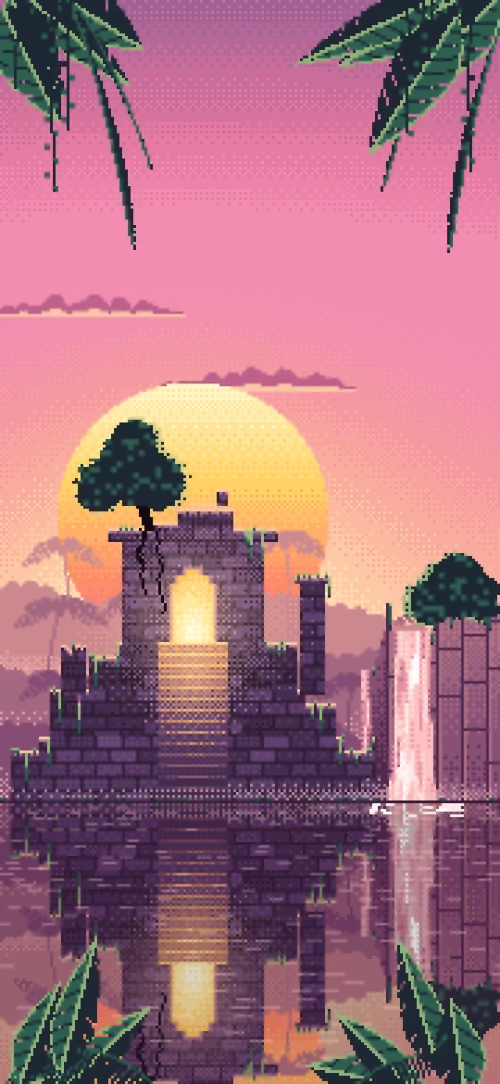 Pink Pixel Art Jungle Temple Ruins wallpaper for iPhone and Android