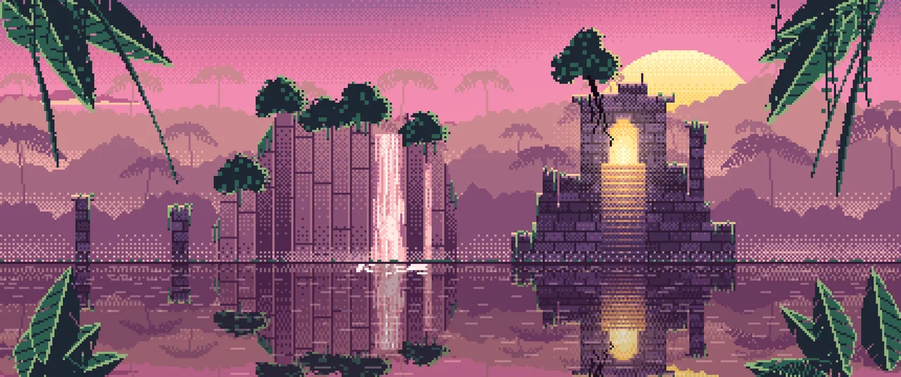 Pink Pixel Art Jungle Temple Ruins ultrawide wallpaper, 3440 × 1440