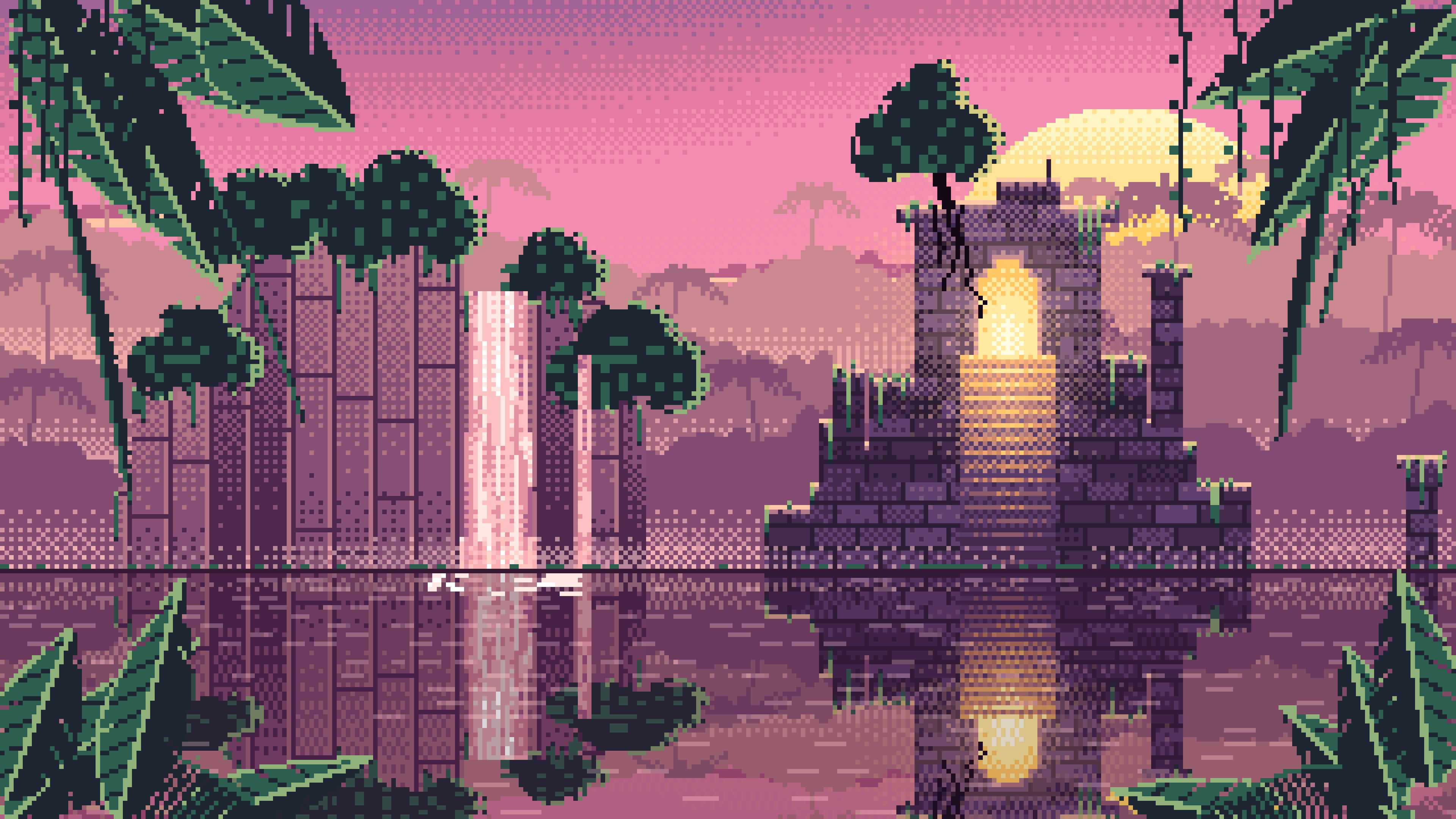 Pink Pixel Art Jungle Temple Ruins desktop wallpaper in 4K