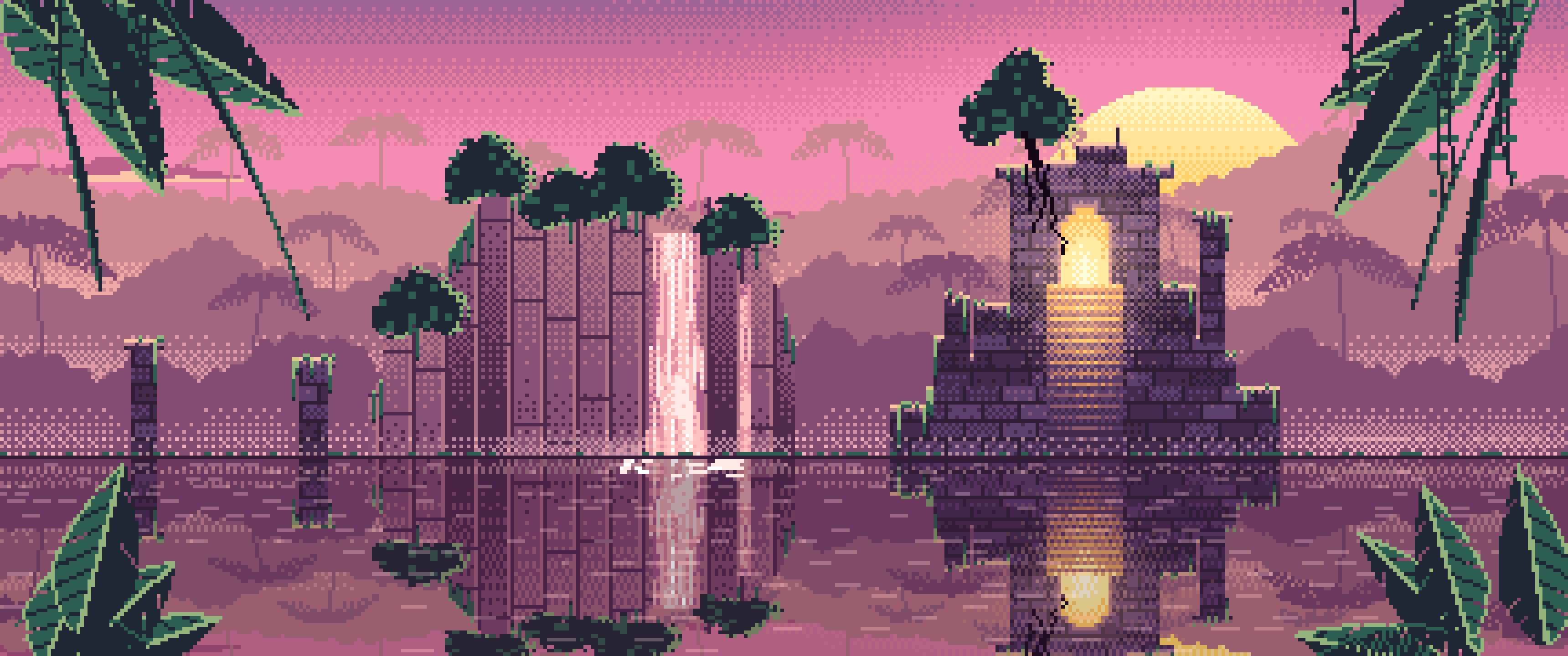 Pink Pixel Art Jungle Temple Ruins ultrawide wallpaper, 3440 × 1440