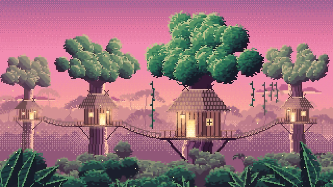 Pink Pixel Art Jungle Treehouses by Lantern Light desktop wallpaper in 4K