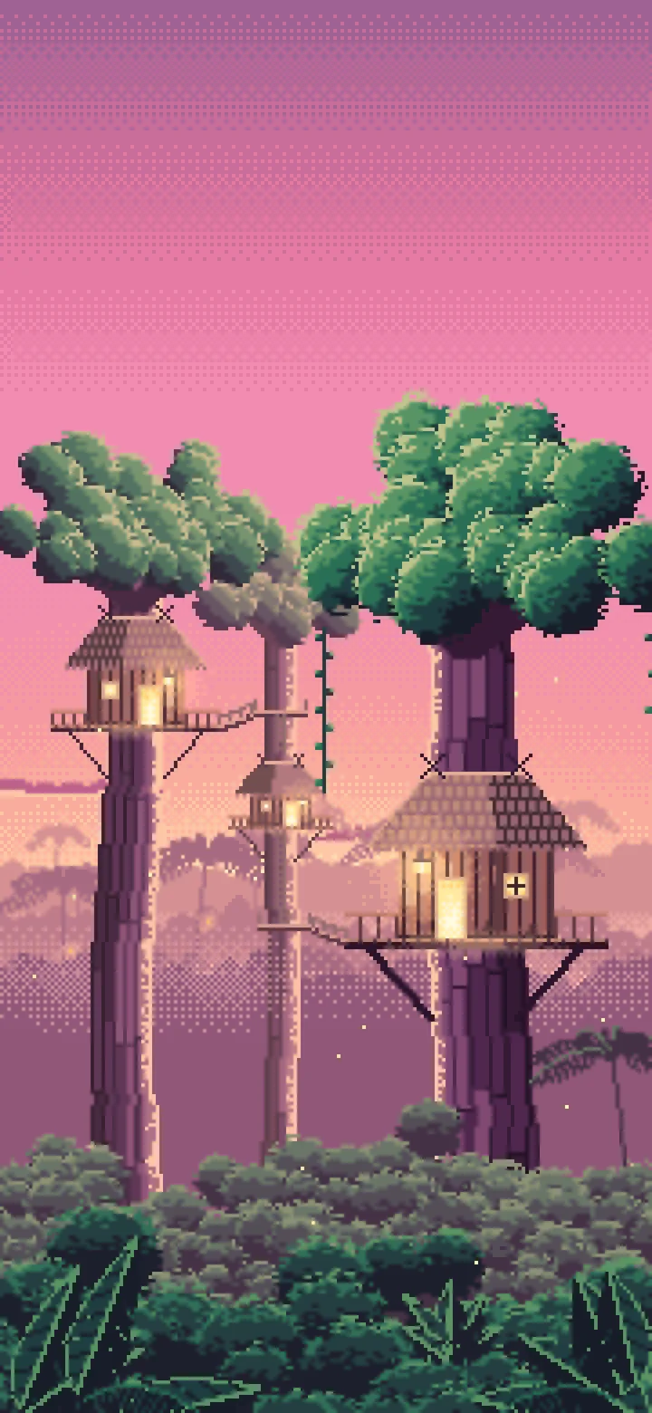 Pink Pixel Art Jungle Treehouses by Lantern Light wallpaper for iPhone and Android
