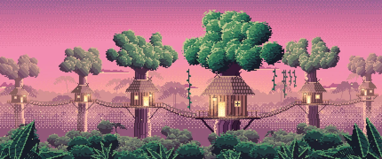 Pink Pixel Art Jungle Treehouses by Lantern Light ultrawide wallpaper, 3440 × 1440