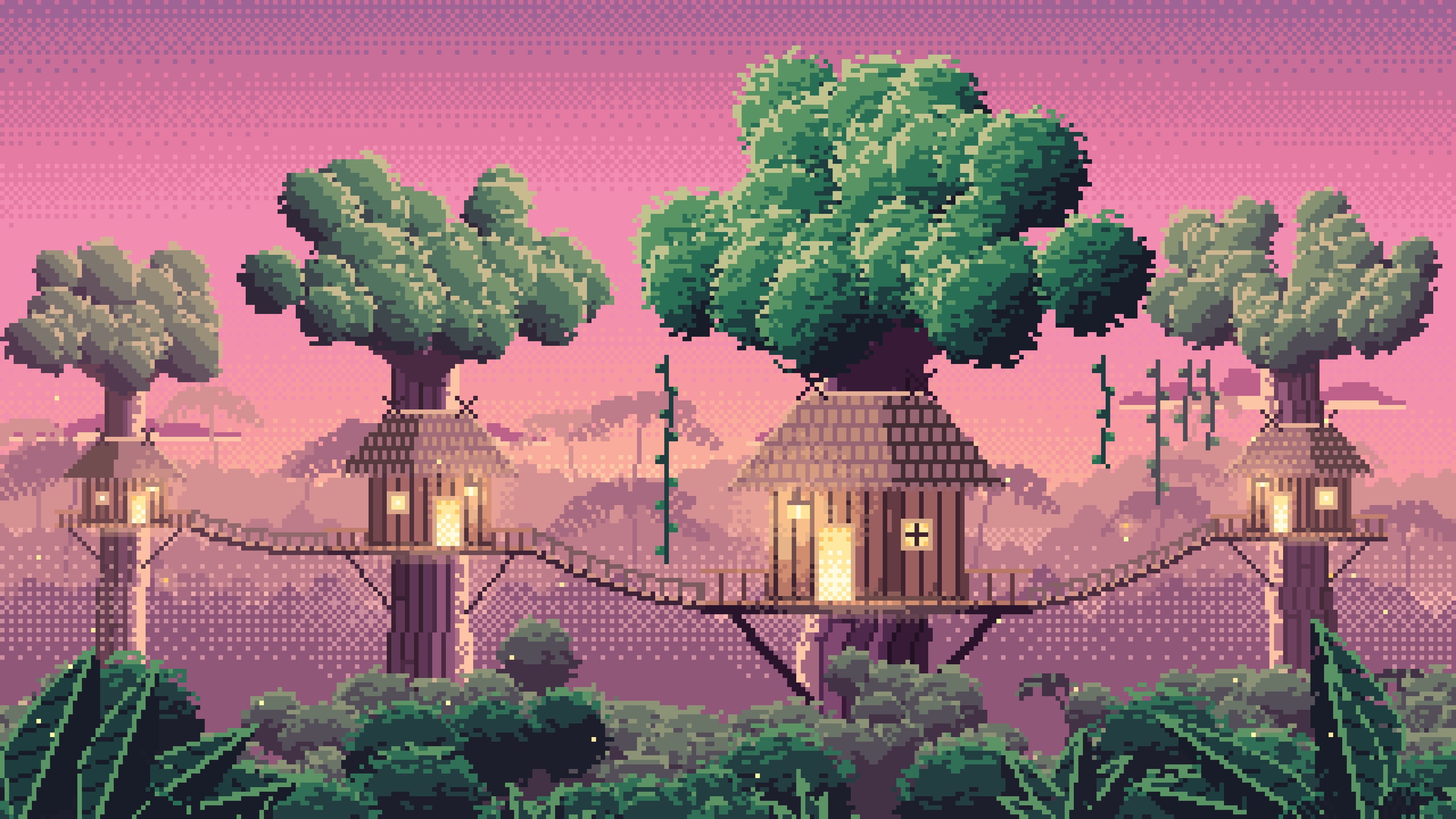 Pink Pixel Art Jungle Treehouses by Lantern Light desktop wallpaper in 4K