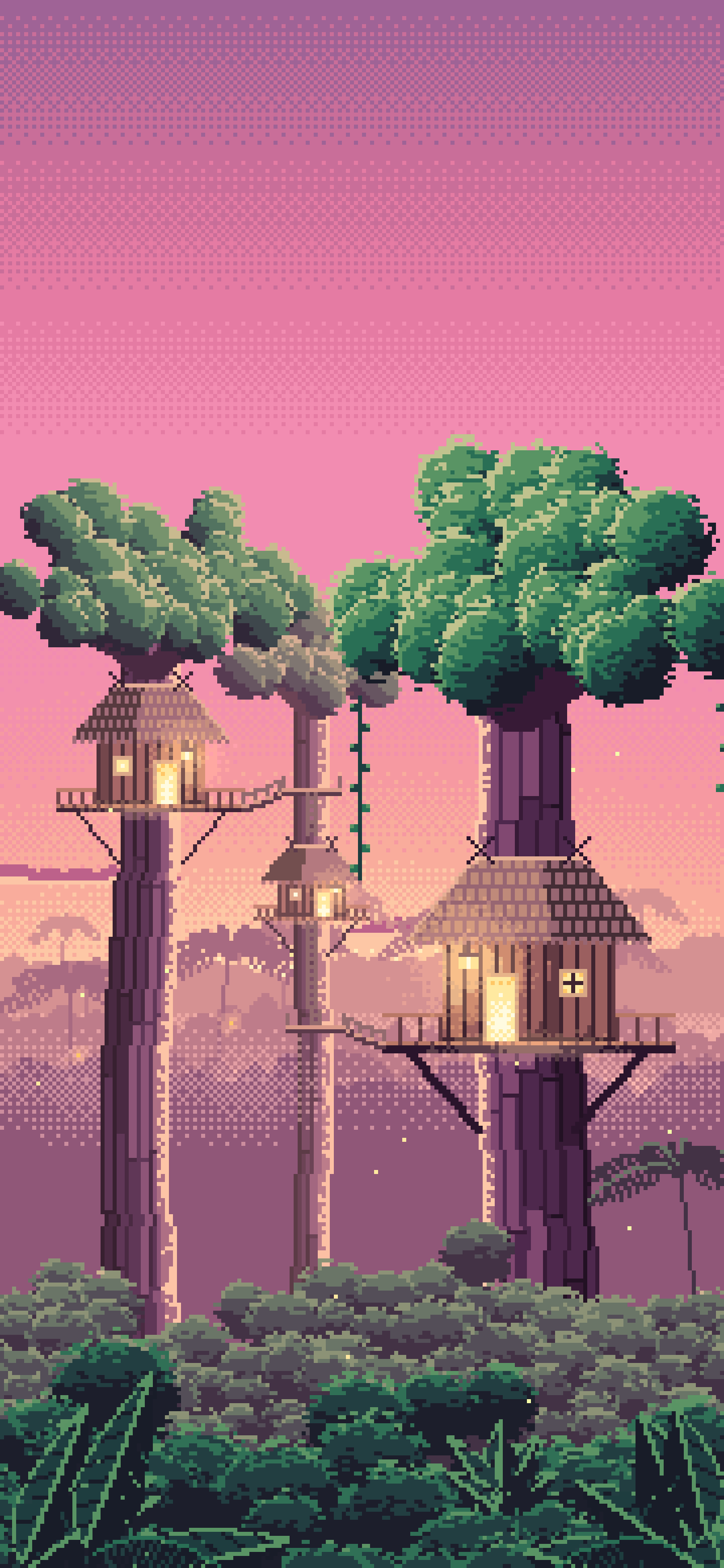 Pink Pixel Art Jungle Treehouses by Lantern Light wallpaper for iPhone and Android
