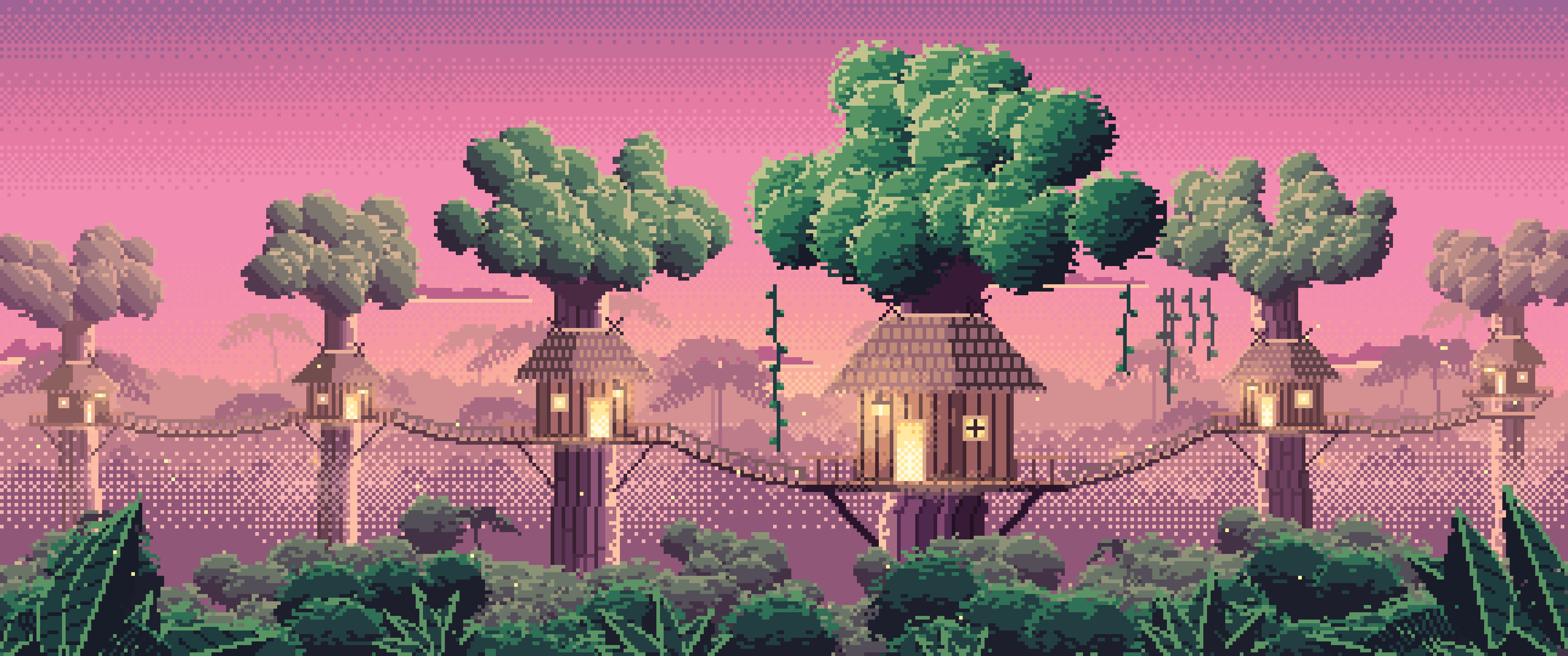 Pink Pixel Art Jungle Treehouses by Lantern Light ultrawide wallpaper, 3440 × 1440